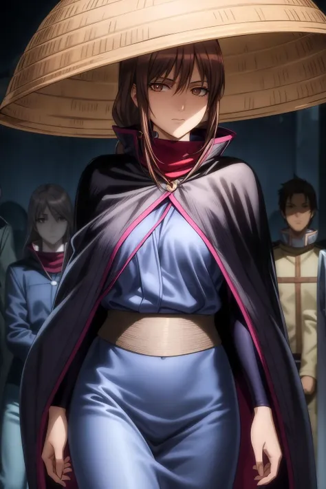 (RAW photo, best quality), masterpiece, an extremely delicate and beautiful, extremely detailed, 2k wallpaper, Amazing, finely detail, extremely detailed CG unity 8k wallpaper, ultra-detailed, highres, soft light, beautiful detailed girl, extremely detailed eyes and face, beautiful detailed nose, beautiful detailed eyes, cinematic lighting, perfect anatomy, beautiful body, light smile,1girl, solo, long hair, light brown hair, hair tied behind back, hat, brown eyes, sky, cape, day, outdoor, mutsu_yato, look at viewer