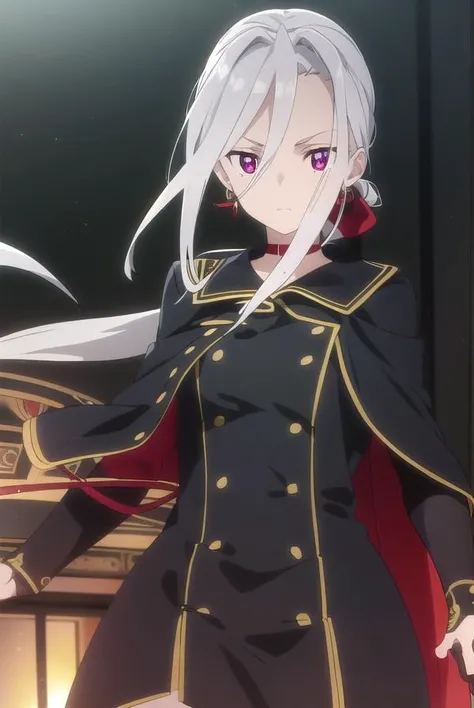 izettasophie, <lora:izetta sophie s1-lora-nochekaiser:1>,
sophie, long hair, bangs, (red eyes:1.3), hair between eyes, ponytail, grey hair, low ponytail, (parted bangs:1.5),
BREAK jewelry, earrings, choker, cape, uniform, military, military uniform, buttons, epaulettes, red choker,
BREAK indoors,
BREAK looking at viewer, dynamic pose,
BREAK <lyco:GoodHands-beta2:1>, (masterpiece:1.2), best quality, high resolution, unity 8k wallpaper, (illustration:0.8), (beautiful detailed eyes:1.6), extremely detailed face, perfect lighting, extremely detailed CG, (perfect hands, perfect anatomy),