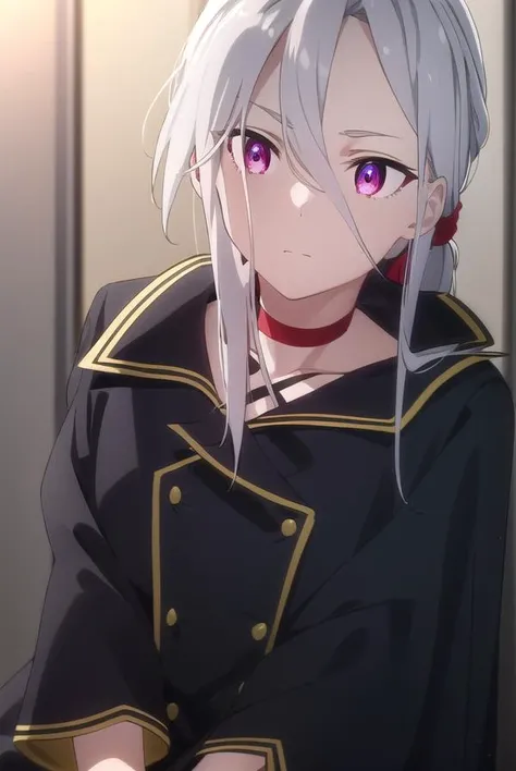 izettasophie, <lora:izetta sophie s1-lora-nochekaiser:1>,
sophie, long hair, bangs, (red eyes:1.3), hair between eyes, ponytail, grey hair, low ponytail, (parted bangs:1.5),
BREAK jewelry, earrings, choker, cape, uniform, military, military uniform, buttons, epaulettes, red choker,
BREAK indoors,
BREAK looking at viewer, dynamic pose,
BREAK <lyco:GoodHands-beta2:1>, (masterpiece:1.2), best quality, high resolution, unity 8k wallpaper, (illustration:0.8), (beautiful detailed eyes:1.6), extremely detailed face, perfect lighting, extremely detailed CG, (perfect hands, perfect anatomy),