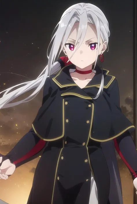 izettasophie, <lora:izetta sophie s1-lora-nochekaiser:1>,
sophie, long hair, bangs, (red eyes:1.3), hair between eyes, ponytail, grey hair, low ponytail, (parted bangs:1.5),
BREAK jewelry, earrings, choker, cape, uniform, military, military uniform, buttons, epaulettes, red choker,
BREAK indoors,
BREAK looking at viewer, dynamic pose,
BREAK <lyco:GoodHands-beta2:1>, (masterpiece:1.2), best quality, high resolution, unity 8k wallpaper, (illustration:0.8), (beautiful detailed eyes:1.6), extremely detailed face, perfect lighting, extremely detailed CG, (perfect hands, perfect anatomy),