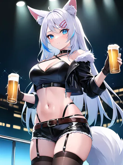 (masterpiece:1.3), (absurdres:1.3), (best quality:1.3), (ultra-detailed:1.3),(best shadow:0.7), (handled hair), (sharp eyeliner, eyeshadow, detailed eyes:1.1), pureerosface_v1, perfect anatomy, BREAK <lora:MizukiMeridianProject_v1:0.3>, 1girl, solo, mizuki \(vtuber\), 1girl, solo, animal ears, blue eyes, glowingeyes, d-pad hair ornament, fox ears, hairclip, fox tail, multicolored hair, large breasts, white hair, very long hair, jewelry, bangs, blue hair, criss-cross halter, (leather jacket:1.2), fur trim, (bodystocking), multiple_straps, midriff, leather shorts, belt buckle, garter straps, garter belt, arm garter, leather gloves, BREAK indoors, (darkness:1.2), neon lights, nightclub, beer bottle, cowboy shot,