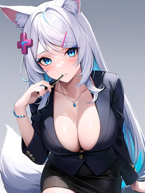 (masterpiece:1.3), (absurdres:1.3), (best quality:1.3), (ultra-detailed:1.3),(best shadow:0.7), (handled hair), (sharp eyeliner, eyeshadow, detailed eyes:1.1), pureerosface_v1, perfect anatomy, BREAK <lora:MizukiMeridianProject_v1:0.3>, 1girl, solo, mizuki \(vtuber\), 1girl, solo, animal ears, blue eyes, d-pad hair ornament, fox ears, hairclip, fox tail, multicolored hair, large breasts, white hair, very long hair, jewelry, bangs, blue hair, business suit, microskirt, partially unbuttoned,