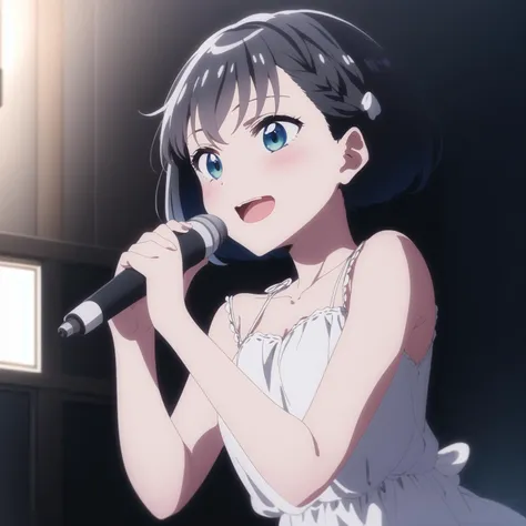 (high quality, best quality, masterpiece), 1girl, solo, amasawa akari, <lyco:akari:0.75>, singing, holding_microphone, reaching_out,dress, smile, blush