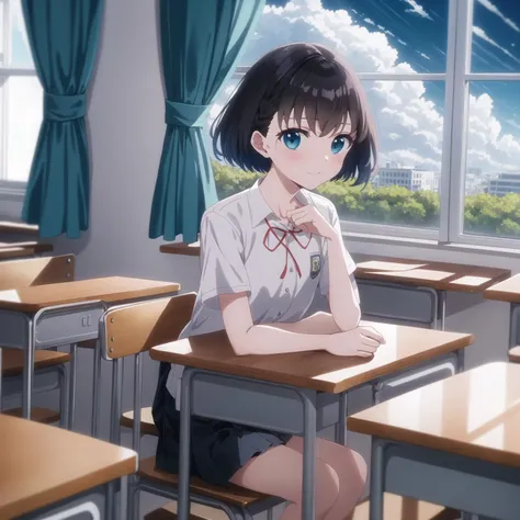 (high quality, best quality, masterpiece), 1girl, solo, amasawa akari, <lyco:akari:0.75>, school_uniform, sitting, desk, classroom, window, curtain, day, sky