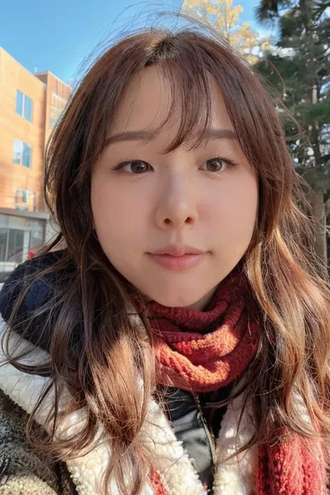 starsmitten, raw photograph, portrait, upper body, close up, a woman wearing a winter jacket, red scarf, out doors, winter, sunny, glowing hair <lora:starsmitten_v1_0417_sd1.5_andyxn:0.50>,