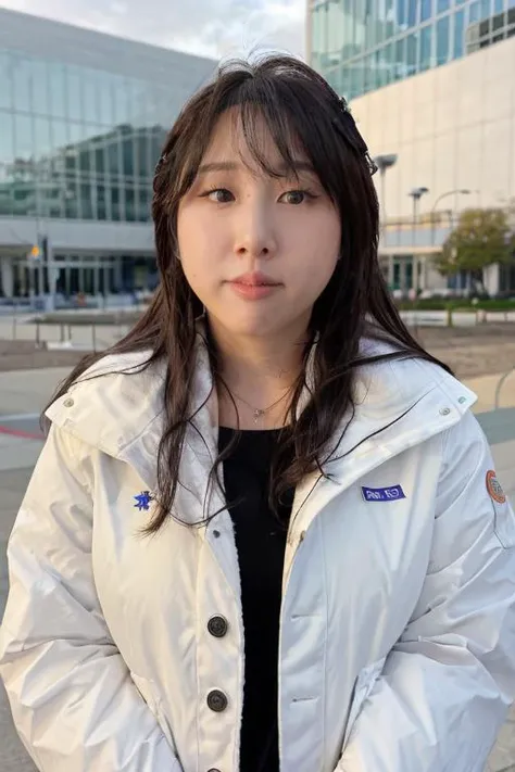 starsmitten, raw photograph, portrait, upper body, a woman wearing a white winter jacket at a outside a convention center, <lora:starsmitten_v1_0417_sd1.5_andyxn:0.50>, three-quarter view