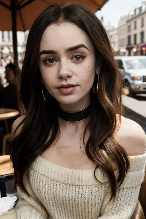 lilyCol1 piercing eyes, looking straight, very happy,long hair, wearing an off-shoulder sweater, choker, closeup portrait, in a outdoor cafe in 2015, afternoon light