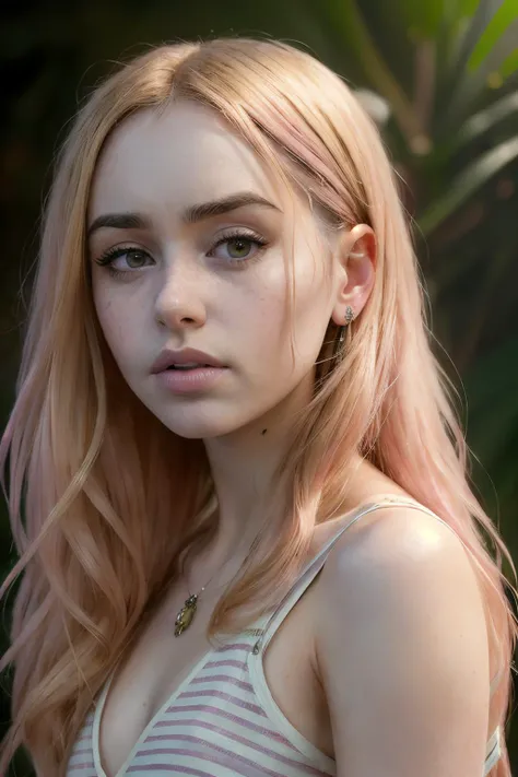 portrait photo of lilyCol1 ,(pink striped shirt), (dirty blonde hair), alluring portrait, intricate, highly detailed, digital painting, artstation, concept art, naughty, sharp focus, cinematic lighting, illustration, art by artgerm and greg rutkowski, alphonse mucha, cgsociety