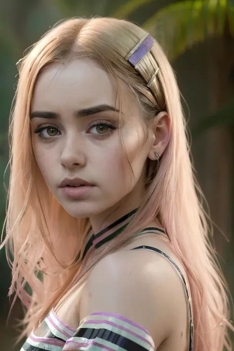 portrait photo of lilyCol1 ,(pink striped shirt), (dirty blonde hair), alluring portrait, intricate, highly detailed, digital painting, artstation, concept art, naughty, sharp focus, cinematic lighting, illustration, art by artgerm and greg rutkowski, alphonse mucha, cgsociety