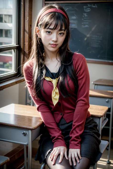(realistic:1.3), finely detailed, quality, rembrandt lighting, (masterpiece:1.2), (photorealistic:1.2), (best quality), (detailed skin:1.3), (intricate details), dramatic, ray tracing, 1girl, 21 years old, detailed skin texture, (blush:0.5), (goosebumps:0.5), subsurface scattering, smiling, medium breasts, aayukiko, long hair, bangs, hair between eyes, hairband, school uniform, (serafuku:1.2), red cardigan, long sleeves, black skirt, black pantyhose, (yellow:1.1) neckerchief, (bright sunny day, japanese classroom, school desks, blackboard, window), <lora:amagi_yukiko_v1:0.7>
