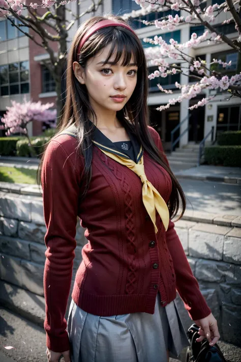 (realistic:1.3), finely detailed, quality, rembrandt lighting, (masterpiece:1.2), (photorealistic:1.2), (best quality), (detailed skin:1.3), (intricate details), dramatic, ray tracing, 1girl, 21 years old, detailed skin texture, (blush:0.5), (goosebumps:0.5), subsurface scattering, smiling, medium breasts, aayukiko, long hair, bangs, hair between eyes, hairband, school uniform, (serafuku:1.2), red cardigan, long sleeves, black skirt, black pantyhose, (yellow:1.1) neckerchief, (bright sunny day, cherry blossoms, outdoors), <lora:amagi_yukiko_v1:0.7>