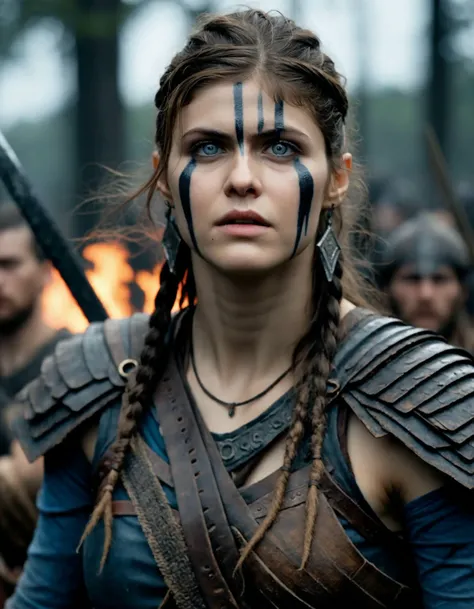 cinematic photo Close-up of (((ohwx woman))) in Hellblade: Senua's Sacrifice, emerging from black mud, long hair with dreads, war blue paint, paint fading, angry expression, dirty face, finely detailed eyes, moody, viking clothes, epic scene, epic composition, Photography, Cinematic Lighting, Volumetric Lighting, ethereal light, intricate details, extremely detailed volumetric rays <lora:daddario_dh128_lora_v2c:1> . 35mm photograph, film, bokeh, professional, 4k, highly detailed