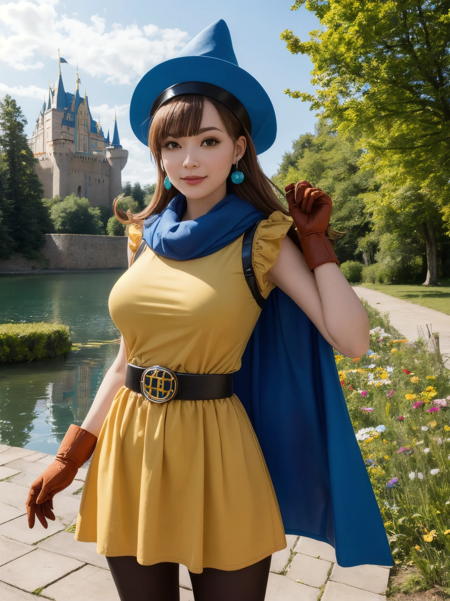RAW photo, portrait, best quality, high res,
a women with large breast,
<lora:dq4_alena-10:1>, alena \(dq4\), hat, cape, gloves, jewelry, earrings, dress, belt, pantyhose, (European Castle:1.5), flowers, lakeside,