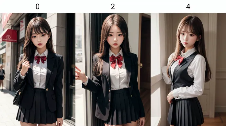 1girl, solo, (white collared shirt, black pleated skirt, blazer1:1), red bow, <lora:leco_LessToLoCh_v1_rmn:0>