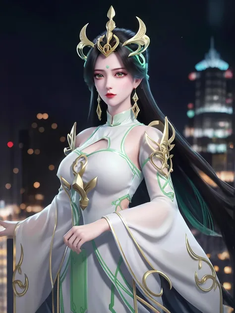 1girl,hair ornament,long hair,earrings,forehead mark,dress,cityscape,night,mature female,cowboy shot,looking at viewer,long sleeves, chinese clothes,trim,green eyes,makeup, shoulder armor, puffy sleeves,  <lora:LIUSHENwmsj_20230723223637:0.75>,clothing cutout,