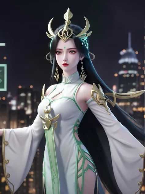 1girl,hair ornament,long hair,earrings,forehead mark,dress,cityscape,night,mature female,cowboy shot,looking at viewer,long sleeves, chinese clothes,trim,green eyes,makeup, shoulder armor, puffy sleeves,  <lora:LIUSHENwmsj_20230723223637:0.75>,clothing cutout,