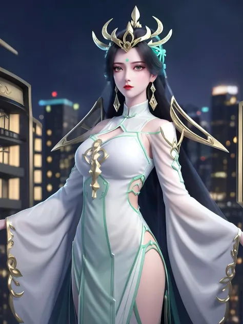 1girl,hair ornament,long hair,earrings,forehead mark,dress,cityscape,night,mature female,cowboy shot,looking at viewer,long sleeves, chinese clothes,trim,green eyes,makeup, shoulder armor, puffy sleeves, <lora:LIUSHENwmsj_20230723223637:0.75>,clothing cutout,