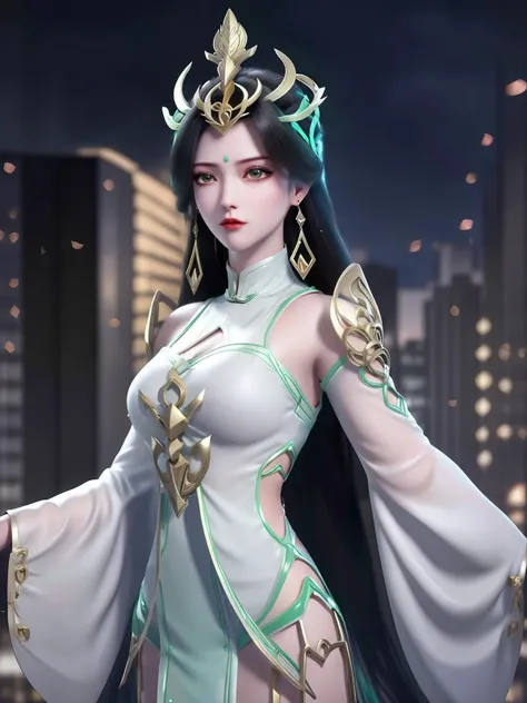 1girl,hair ornament,long hair,earrings,forehead mark,dress,cityscape,night,mature female,cowboy shot,looking at viewer,long sleeves, chinese clothes,trim,green eyes,makeup, shoulder armor, puffy sleeves, <lora:LIUSHENwmsj_20230723223637:0.75>,clothing cutout,