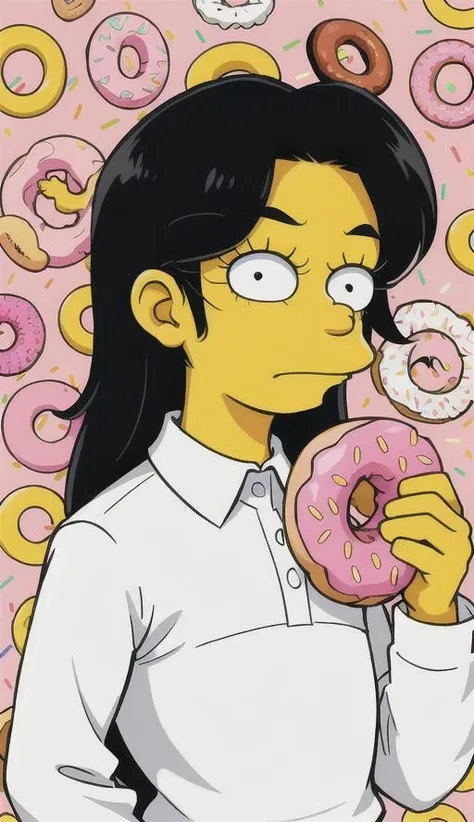 Male character, yellow skin, long black hair, white shirt, black collar and sleeves, <lora:The_Simpson_Style:1>, the simpson style, profile photo, front perspective, looking at the viewer, small nose, closed mouth, donuts pattern background, pink frosted donut with sprinkles,
