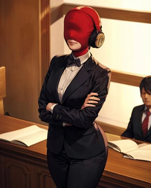 Masterpiece,best quality,1girl,solo,<lora:add_detail:0.3>,<lora:xxmaskedxx_lora_v01:0.8>,xxmaskedxx,courtroom,(headphones:1.2),tuxedo,(fiery_wings),artbook,