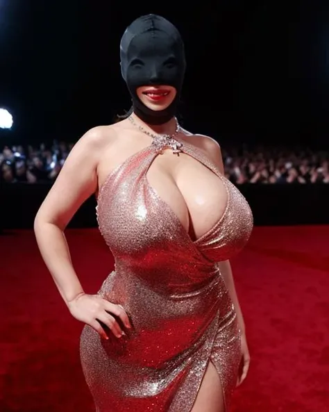 Masterpiece,best quality,1girl,<lora:add_detail:0.3>,<lora:xxmaskedxx_lora_v01:0.8>,xxmaskedxx,huge breasts,cocktail_dress,skull_necklace,stage,red carpet,audience,