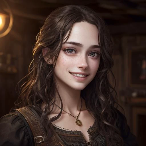 female, manic expression, shack interior setting, character portrait, atmospheric lighting, light-brown hair, black outfit, grinning, teeth, necklace, <lora:commonersclothes2:1> commoners clothes, best quality, masterpiece, detailed, 8K, uhd, (extremely detailed CG unity 8k wallpaper),(masterpiece), (best quality), (ultra-detailed), (best illustration), detailed face, skin pores, detailed skin, detailed eyes, high quality eyes, good quality hands, high resolution,