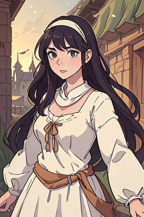 anime girl, medieval fantasy, light blur hair, long hair, dress, commoners clothes
