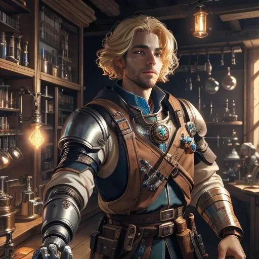 <lora:commonersclothes2:1> commoners clothes, <lora:Fantasy_Classes_SD:1> , fantasy class,artificer, alchemist lab setting, robot arm, blonde hair, male, 1male, holding arm up,prosthesis, robot hand, best quality, masterpiece, detailed, 8K, uhd, (extremely detailed CG unity 8k wallpaper),(masterpiece), (best quality), (ultra-detailed), (best illustration), detailed face, skin pores, detailed skin, detailed eyes, high quality eyes, good quality hands, high resolution,