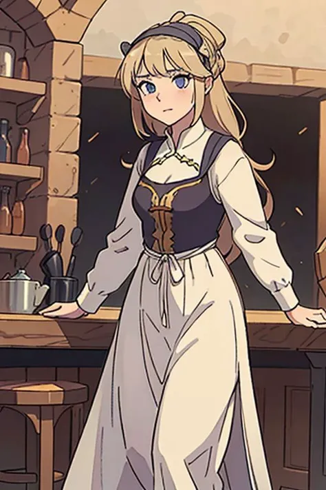 anime girl, medieval fantasy, light blur hair, long hair, dress, commoners clothes