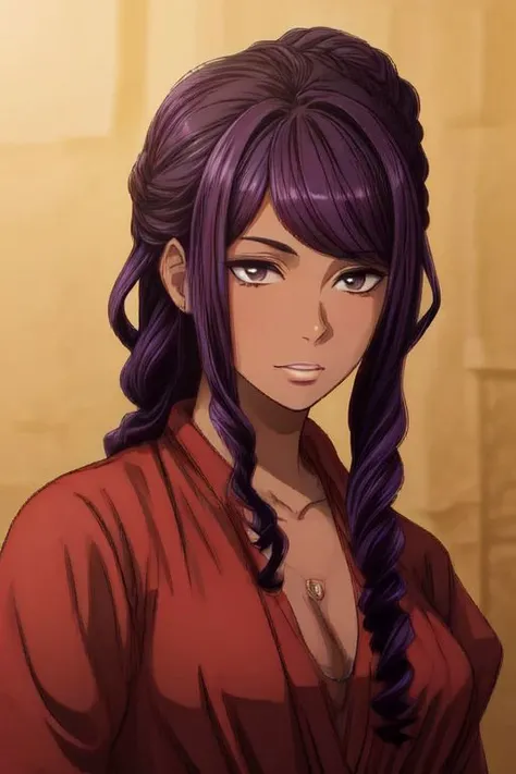 1girl, dark skin, brown eye, long hair, purple hair, side swept bangs, Details++, mature woman, commoners clothes,