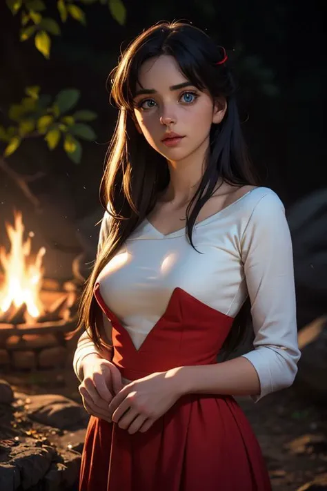 1girl, blue eyes, more young face , glowing, glowing eyes, perfect face, perfect eyes, detailed eyes,
perfect body, , small breast,
huge hips, cute face, very long dark hair, pretty face,
very long messy hair, long bangs
detailed medieval red dress, red dress with golden lace, small neckline, strapless red dress, torn red dress,
in the middle of the rain night, landscape in cave, campfire in middle of cave, shade in cave
, volumetrics dtx, (film grain, blurry background, blurry foreground, bokeh, depth of field, motion blur, realistic:1.3)
, ((masterpiece, best quality)), art by greg rutkowski <lora:dragonborn_offset:1>