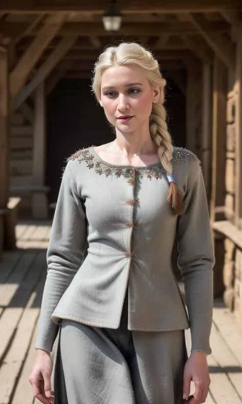 Photography, masterpiece, ultra realism, highly detailed face, highly detailed skin. ((looking at viewer, standing)), ((commoners clothes)), (thin clothes:2). Elsa of Arendelle, young beautiful woman in early 20s, white hair, freckles, single_braid, snowflake_pattern. Background set in a Medieval village during hot summer. Full body, cowboy shot, RAW photo, depth of field, HOF, hall of fame, high quality, highres, subsurface scattering, sharp, amazing fine detail, Nikon D850 film stock photograph Kodak Portra 400 camera f1.6 lens, rich colors, lifelike texture, dynamic posture, unreal engine, trending on ArtStation, cinestill 800 tungsten, <lora:elsa_of_arendelle_v1:0.4> <lora:commonersclothes2:1>