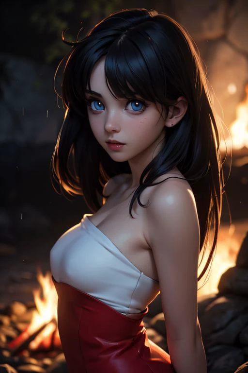 1girl, blue eyes, more young face , glowing, glowing eyes, perfect face, perfect eyes, detailed eyes,
perfect body, , small breast, almost dirty body and face
huge hips, cute face, virginal expression, very long dark hair, pretty face,
very long messy hair, long bangs, Unkempt hair
, strapless red cotton dress, torn red queen dress,
in the middle of the rain night, landscape in cave, campfire in middle of cave, shade in cave
, volumetrics dtx, (film grain, blurry background, blurry foreground, bokeh, depth of field, motion blur, realistic:1.3)
, ((masterpiece, best quality)), art by greg rutkowski <lora:dragonborn_offset:1>