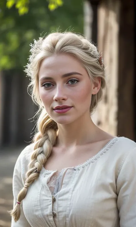 Photography, masterpiece, ultra realism, highly detailed face, highly detailed skin. ((looking at viewer, standing)), ((commoners clothes)), (torn clothes, thin clothes: 2). Elsa of Arendelle, young beautiful woman in early 20s, white hair, freckles, fur trim, single_braid, snowflake_pattern. Background set in a Medieval village during hot summer. Full body, cowboy shot, RAW photo, depth of field, HOF, hall of fame, high quality, highres, subsurface scattering, sharp, amazing fine detail, Nikon D850 film stock photograph Kodak Portra 400 camera f1.6 lens, rich colors, lifelike texture, dynamic posture, unreal engine, trending on ArtStation, cinestill 800 tungsten, <lora:elsa_of_arendelle_v1:0.4> <lora:commonersclothes2:1>
