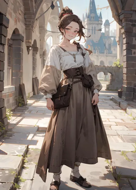 (masterpiece:1.3), (the best quality:1.2), (super fine illustrations:1.2), (Masterpiece), high quality, high detail, god_rays, medieval, outdoors,castle in background, (SOLO:1.8),((round image)), masterpiece, best quality, handsome girl,1girl,extremely detailed, detailed, highres, beautiful detailed eyes, looking at the viewer,finely detail, Depth of field, 18-years-old, full body, brown hair, short ponytail,(messy hair:0.3), freckles, seductive_smile, evil_smile,collarbone,(medieval commoners clothes:1.4), (torn clothes:0.6),(plain clothes), corset,pouch,(medieval shoes), (solo), (colorful), (imid shot:0.95), commoners clothes <lora:commonersclothes2:0.9>,<lora:opennijiV5Style_remaked:0.5>