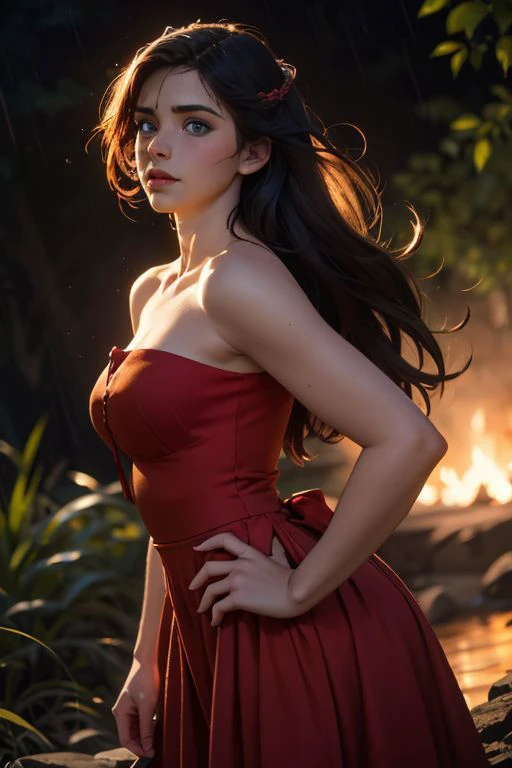 1girl, blue eyes, more young face , glowing, glowing eyes, perfect face, perfect eyes, detailed eyes,
perfect body, , small breast,
huge hips, cute face, very long dark hair, pretty face,
very long messy hair, long bangs
detailed medieval red dress, red dress with golden lace, small neckline, strapless red dress, torn red dress,
in the middle of the night, in a forest, in the middle of the rain
, volumetrics dtx, (film grain, blurry background, blurry foreground, bokeh, depth of field, motion blur, realistic:1.3)
, ((masterpiece, best quality)), art by greg rutkowski <lora:dragonborn_offset:1>