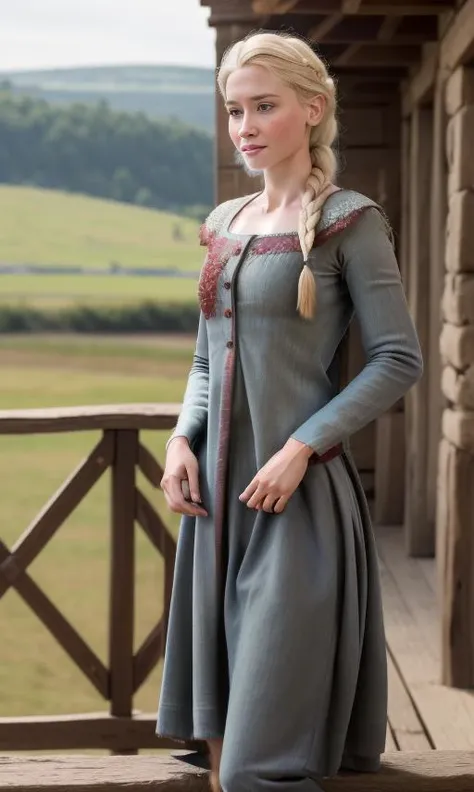 Photography, masterpiece, ultra realism, highly detailed face, highly detailed skin. ((looking at viewer, standing)), ((commoners clothes)), (thin clothes:2). Elsa of Arendelle, young beautiful woman in early 20s, white hair, freckles, single_braid, snowflake_pattern. Background set in a Medieval village during hot summer. Full body, cowboy shot, RAW photo, depth of field, HOF, hall of fame, high quality, highres, subsurface scattering, sharp, amazing fine detail, Nikon D850 film stock photograph Kodak Portra 400 camera f1.6 lens, rich colors, lifelike texture, dynamic posture, unreal engine, trending on ArtStation, cinestill 800 tungsten, <lora:elsa_of_arendelle_v1:0.4> <lora:commonersclothes2:1>
