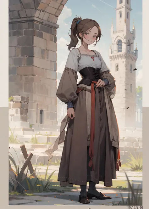 (masterpiece:1.3), (the best quality:1.2), (super fine illustrations:1.2), (Masterpiece), high quality, high detail, night, medieval, outdoors,castle in background, (SOLO:1.8),((round image)), masterpiece, best quality, handsome girl,1girl,extremely detailed, detailed, highres, beautiful detailed eyes, looking at the viewer,finely detail, Depth of field, 18-years-old, full body, brown hair, short ponytail,(messy hair:0.3), freckles, seductive_smile, evil_smile,collarbone,(medieval commoners clothes:1.4), (torn clothes:0.6),(plain clothes), corset,(medieval shoes), (solo), (colorful), (imid shot:0.95), commoners clothes <lora:commonersclothes2:0.9>,<lora:opennijiV5Style_remaked:0.5>