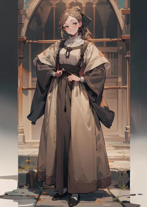 (masterpiece:1.3), (the best quality:1.2), (super fine illustrations:1.2), high quality, high detail, god_rays, medieval, (SOLO:1.8),((round image)), masterpiece, best quality, handsome girl,1girl, extremely detailed, detailed, highres, beautiful detailed eyes, looking at the viewer,finely detail, Depth of field, full body, brown hair, short ponytail,(messy hair:0.3), freckles, seductive_smile,(medieval commoners clothes:1.4), (torn clothes:0.6),(plain clothes), (colorful), (imid shot:0.95), commoners clothes <lora:commonersclothes2:0.9>,<lora:opennijiV5Style_remaked:0.5>
