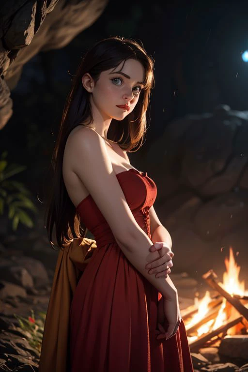 1girl, blue eyes, more young face , glowing, glowing eyes, perfect face, perfect eyes, detailed eyes,
perfect body, , small breast,
huge hips, cute face, very long dark hair, pretty face,
very long messy hair, long bangs
detailed medieval red dress, red dress with golden lace, small neckline, strapless red dress, torn red dress,
in the middle of the rain night, landscape in cave, campfire in middle of cave, shade in cave
, volumetrics dtx, (film grain, blurry background, blurry foreground, bokeh, depth of field, motion blur, realistic:1.3)
, ((masterpiece, best quality)), art by greg rutkowski <lora:dragonborn_offset:1>