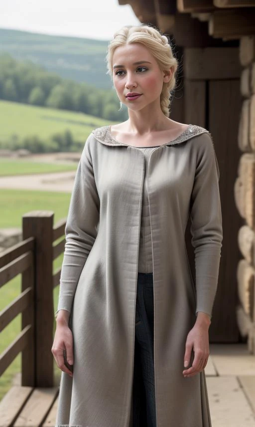 Photography, masterpiece, ultra realism, highly detailed face, highly detailed skin. ((looking at viewer, standing)), ((commoners clothes)), (thin clothes:2). Elsa of Arendelle, young beautiful woman in early 20s, white hair, freckles, single_braid, snowflake_pattern. Background set in a Medieval village during hot summer. Full body, cowboy shot, RAW photo, depth of field, HOF, hall of fame, high quality, highres, subsurface scattering, sharp, amazing fine detail, Nikon D850 film stock photograph Kodak Portra 400 camera f1.6 lens, rich colors, lifelike texture, dynamic posture, unreal engine, trending on ArtStation, cinestill 800 tungsten, <lora:elsa_of_arendelle_v1:0.4> <lora:commonersclothes2:1>
