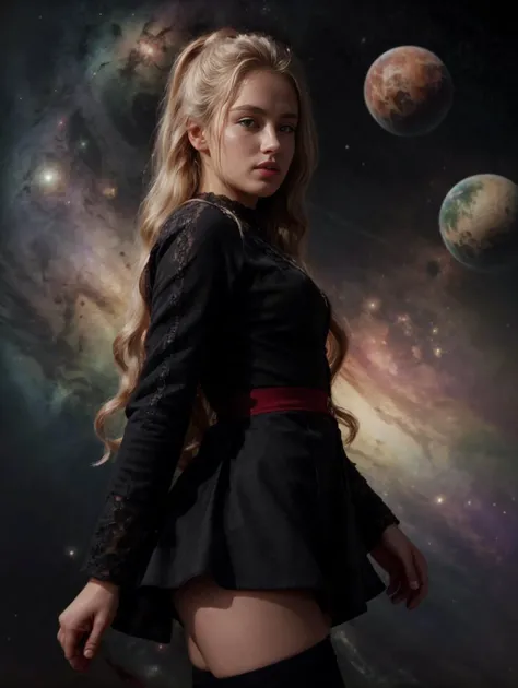 (SF scene: DV_Keeley_Vicious on an alien planet), red dessert, night, ring planet on horizon, 
detailed skin, slender, slim, skinny, one knee lift,
(long tangled wavy disheveled platinum blond hair:1.3), (disheveled platinum blond ponytail:1.3),
startrektos dress, blue dress, dress lift
(black fischnet lace thighhighs:1.3), lace chocker,
deep cleavage, turned to viewer, 
masterpice, award winning, film grain, (photorealistic:1.1), 16k, UHD, cinematic shadows, best quality, ultra highres, hyperrealistic, (Perfect Hands:1.1), rim light,  from side,
<lora:ahx_v1:0.4>, <lora:GodPussy1 v4:0.6>, <lora:more_details:0.5>, <lora:perfect hands:0.7>, <lora:hair_length_slider_v1:2> 
<lora:TOSV3:0.8>, startrektos dress 
<lora:bg_imgs-10:1>,  bg_imgs, nebula, planets, purple, galaxy, stars