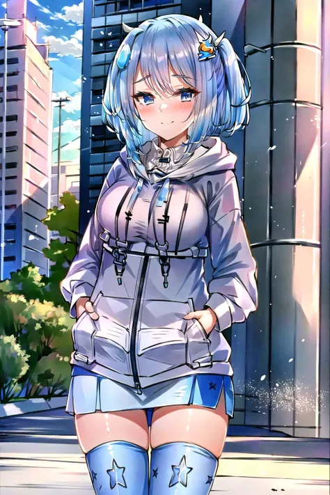 solo, 1girl, shifty, hair ornament, alternate costume, (white hoodie), (thighhighs, blue legwear), embarrassed, smile, blush, (standing, looking at viewer, hands in pockets), (city, sidewalk, sunlight), outdoors, cowboy shot, <lora:negative-e12-15:-1.5>
