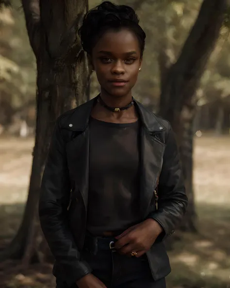 (masterpiece:1.2, best quality:1.2, high resolution) , <lora:1234:0.9> (letitia wright:1.1), dark-skinned female, detailed face, short hair, outdoor, realistic, raw photo, cowboy shot, waist, thin body, sfw, black jacket, black jeans, jewerly, rich, <lora:add_detail:0.7>, <lora:SashaKhmel-10:0.7> <lora:add_detail:0.75>