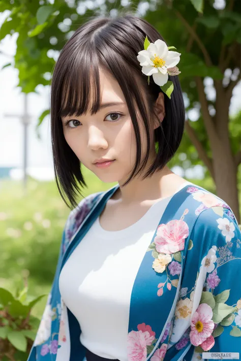 RemuSuzumori,1girl, solo, outdoor, cute japanese model girl, kimono, floral print, hair ornament, looking at viewer, hair flower, brown eyes, bangs, masterpiece, best quality, realistic,<lora:RemuSuzumori:0.8>
