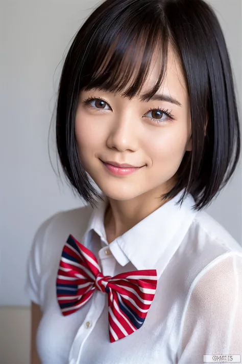 RemuSuzumori,1girl, solo, black hair, bow, white background, simple background, striped, shirt, bowtie, short hair, striped bow, white shirt, looking at viewer, school uniform, portrait, red bow, smile, bangs, <lora:RemuSuzumori:0.8>