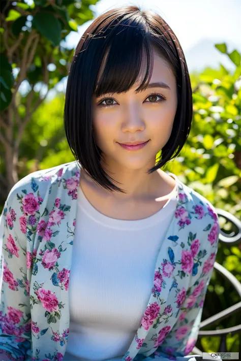 RemuSuzumori,1girl, solo, short hair, black hair, smile, bob cut, outdoors, looking at viewer, lips, floral print, portrait, bangs, blurry, realistic, black eyes, blurry background, brown eyes,<lora:RemuSuzumori:0.8>