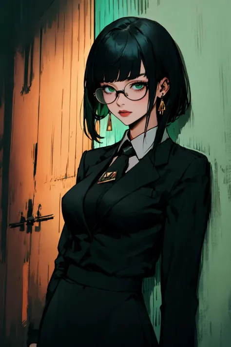 ((Masterpiece, best quality,)) edgAllmind, blunt bangs, two tone hair, earrings, black suit, necktie, green eyes, skirt, glasses, posing for a picture, <lora:edgArmoredCore6Allmind:0.8>