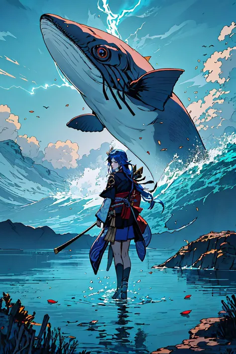 High Quality, Masterpiece, motion trail, Raiden_Shogun_\(genshin impact\), Raiden_Shogun:1.2, blue hair, long hair, <lora:Char_GenshinImpact_RaidenShogun:0.8>, 1girl, electricity, thunder,  blue dream, scenery, sky, cloud, out doors, whale, fish, bubble, water, petals, fantasy, ocean, surreal, full body,