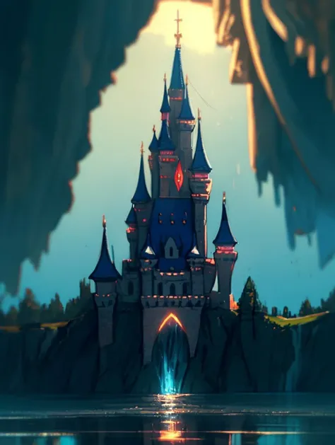 A Medium Shot of a (fantasy castle) in the (kingdom of water elemental), in the natural light of afternoon,
